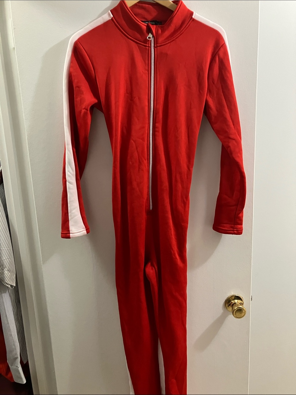 Women's Red Ski Suit with White Sleeve Stripe